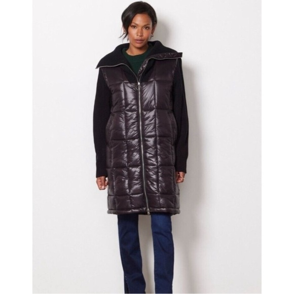 Varley Mayten Knit Puffer Jacket Black Mock Neck Zipper Ribbed Long Coat Medium - Picture 3 of 16